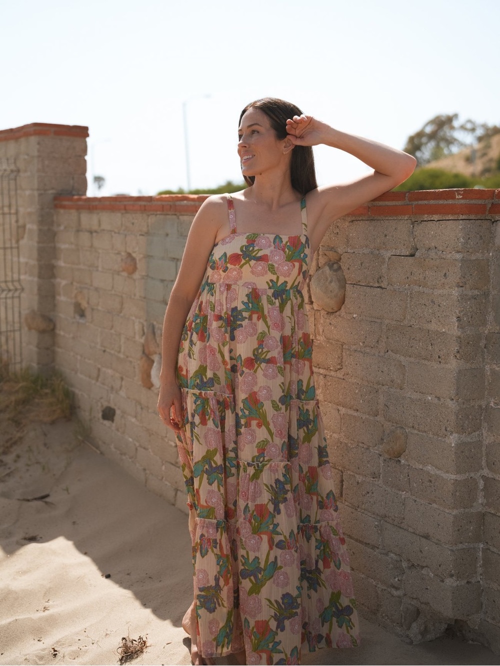 Millibon Floral Tiered Maxi Dress in Pink, Green and Orange